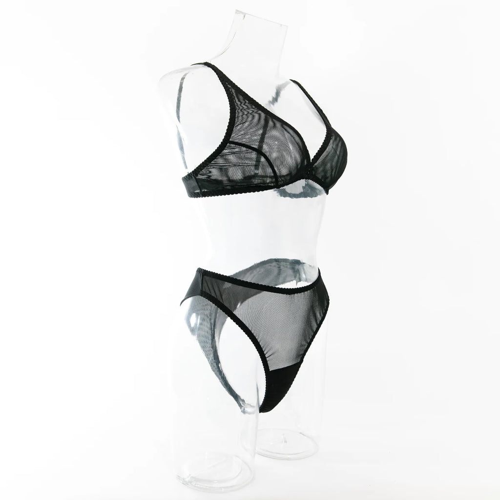 Wirelss Comfortable Bra Brasil Pantie Lingerie Set Basic Solid Mesh Sheer Underwear Transparent Intimate Seducing Lenceria
