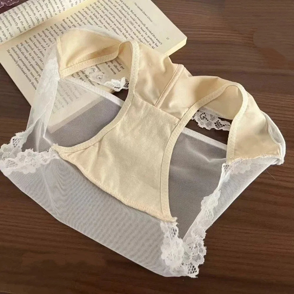 Lingerie Bow Lace Flower Panties Seamless Transparent Underwear for Women Patchwork Mid Waist Mesh Lace Briefs Girl