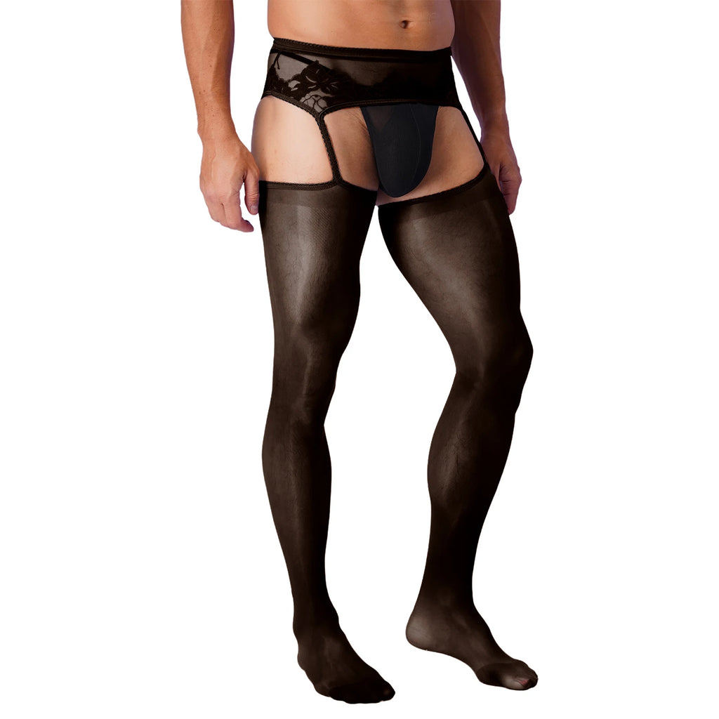 Lingerie Mens Ultra Thin Mesh Leggings Gays Pantyhose Floral Lace See Through Underpants Garter Stockings for Night Dating Wear