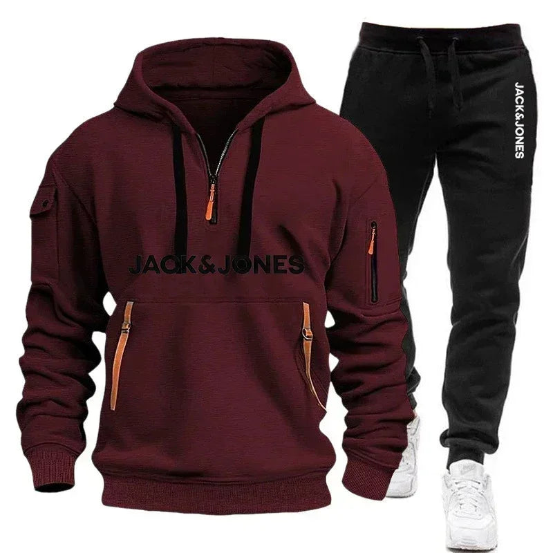 A two-piece outdoor fashion jogging and fitness set for men in autumn and winter, featuring a hooded sweatshirt and casual pants