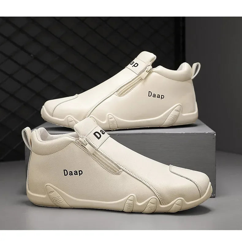 Men's Leather Shoes Ankle Boots Casual Leather Loafers Zipper Comfortable Formal Flat Solid Color White Shoes Driving Moccasins