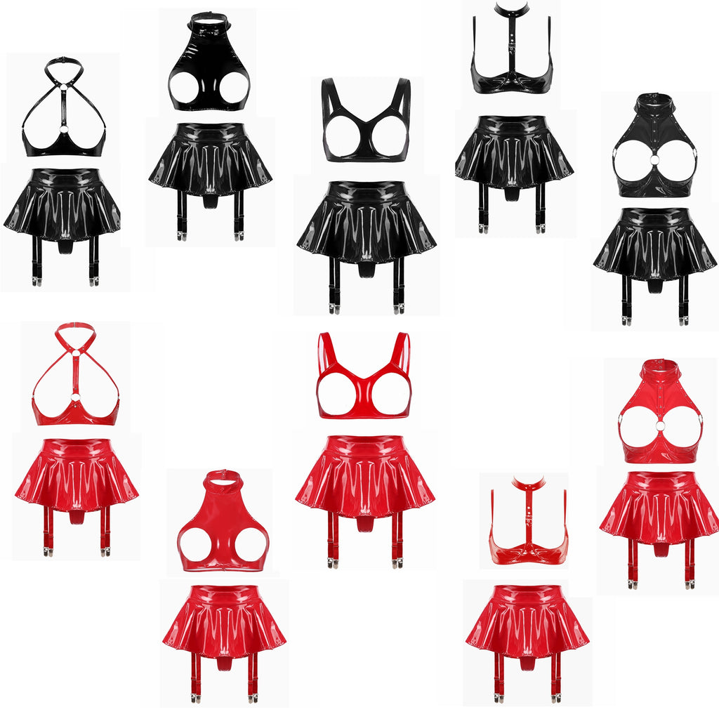 Lingerie Sexy Set Women Wetlook Patent Leather Wire-free Open Cup Sexy Bra with Ruffle Built-in Thongs Garter Belt Mini Skirts