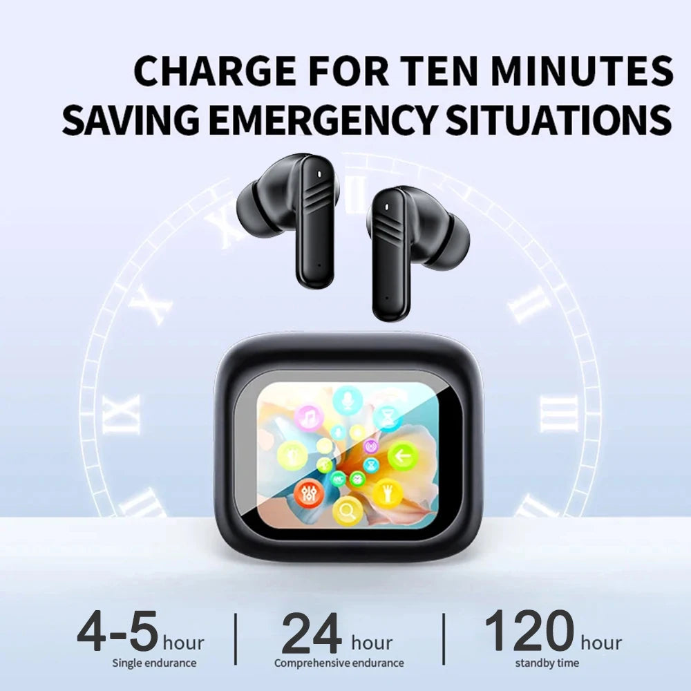 Bluetooth 5.4 ANC Headset Color Screen Touch Active Noise Cancellation Earbuds HIFI Stereo Sports Waterproof Earphones