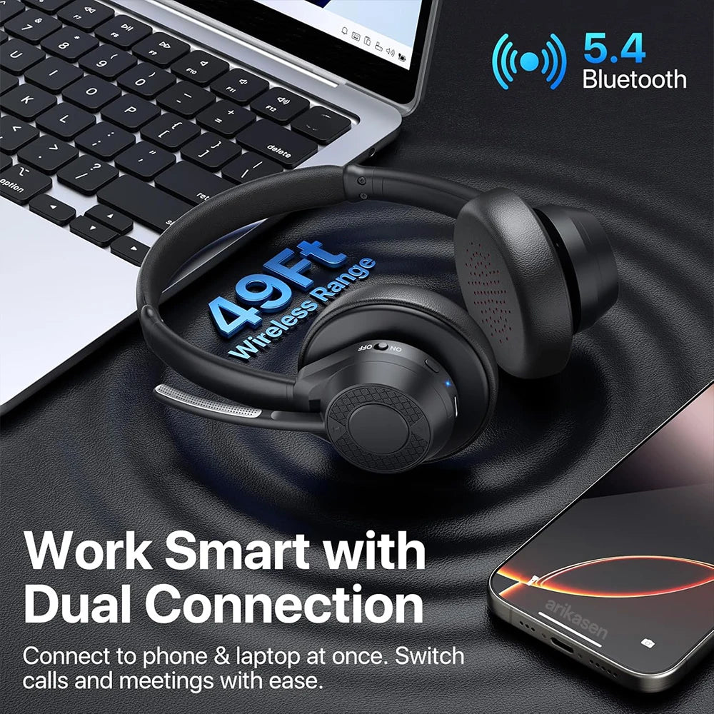 Wireless Bluetooth Headset Bluetooth 5.4 Headphones with Microphone Noise Canceling Multipoint Connect Wireless Headset for Work