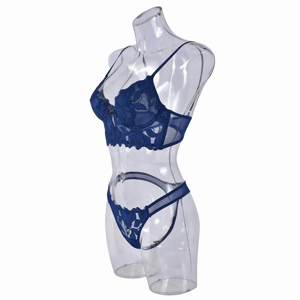 Sexy French Deep V Embroidery Mesh Lingerie Set Autumn Women's Ultra-thin Lace Bra and Panty Set Female Solid See Though Bra