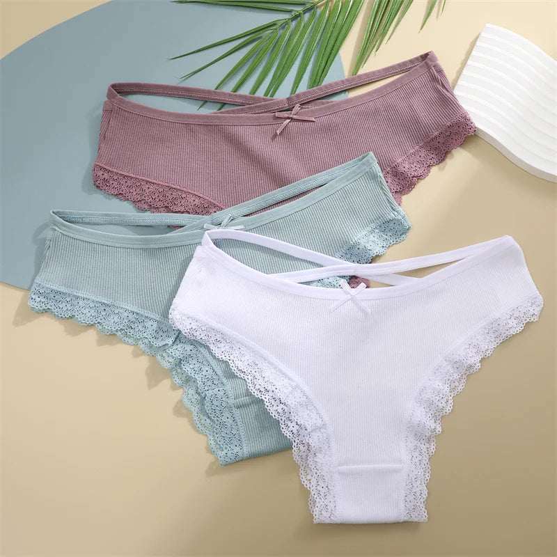 4PCS/Set Women Cotton Panties Sexy Lace Braizlian Panties Low Rise Hollow Out Underwear for Female Cute Bow Breathable Lingerie