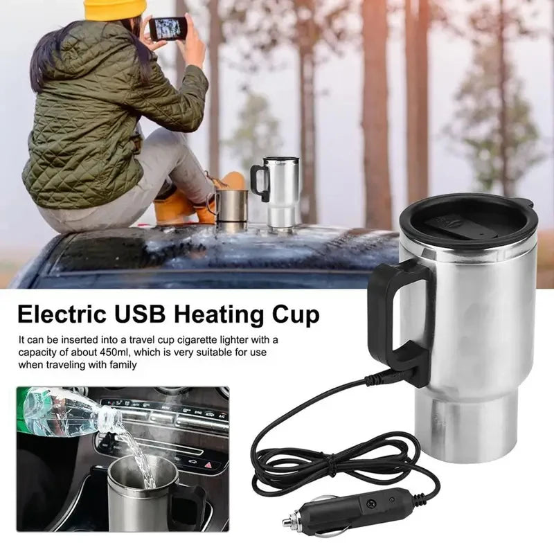 Car Electric Heating Cup 12V Stainless Steel Thermos 450ml USB Heated Mug For Outdoor Travel Camping Coffee Tea Warm Accssories