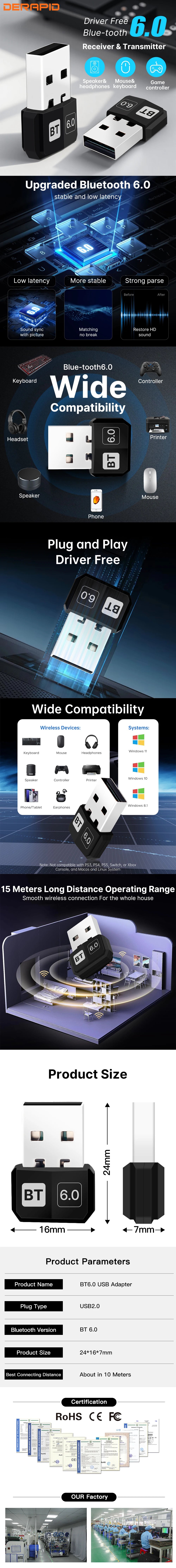 Bluetooth 5.4/6.0 USB Adapter Wireless Audio Transmitter Receiver Mini Dongle For PC Laptop Mini Driver Free Win10 Win11