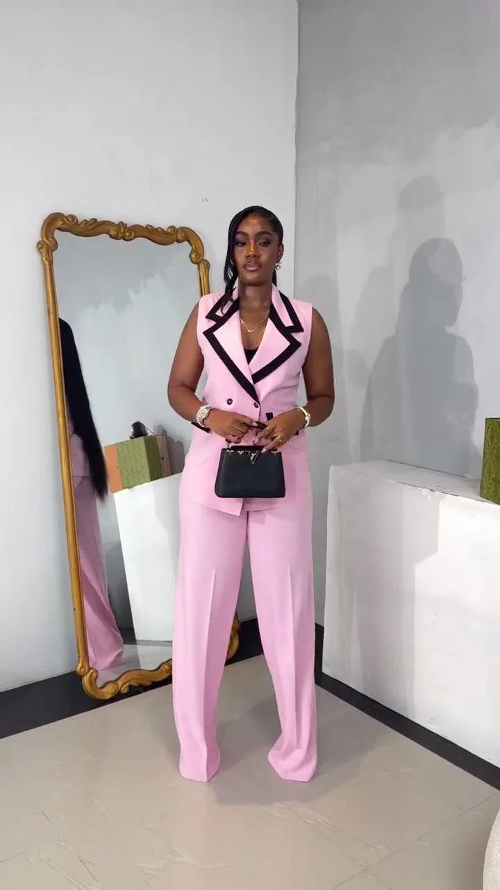 Pants Set Women Two Piece Sets Matching Sets Work Elegant Double Breasted Tops Vest Wide Leg Long Pants High Waist Y2k Pink