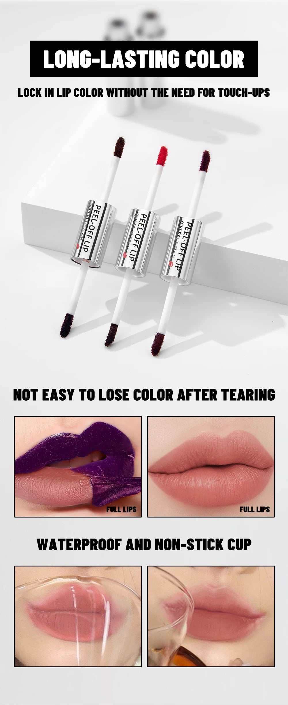 QIBEST Double Eneded Lip Stain Peel Off Long Lasting Waterproof Pink Lip Tint Transfer Proof Natural Lip Stain Tear Off Lipgloss