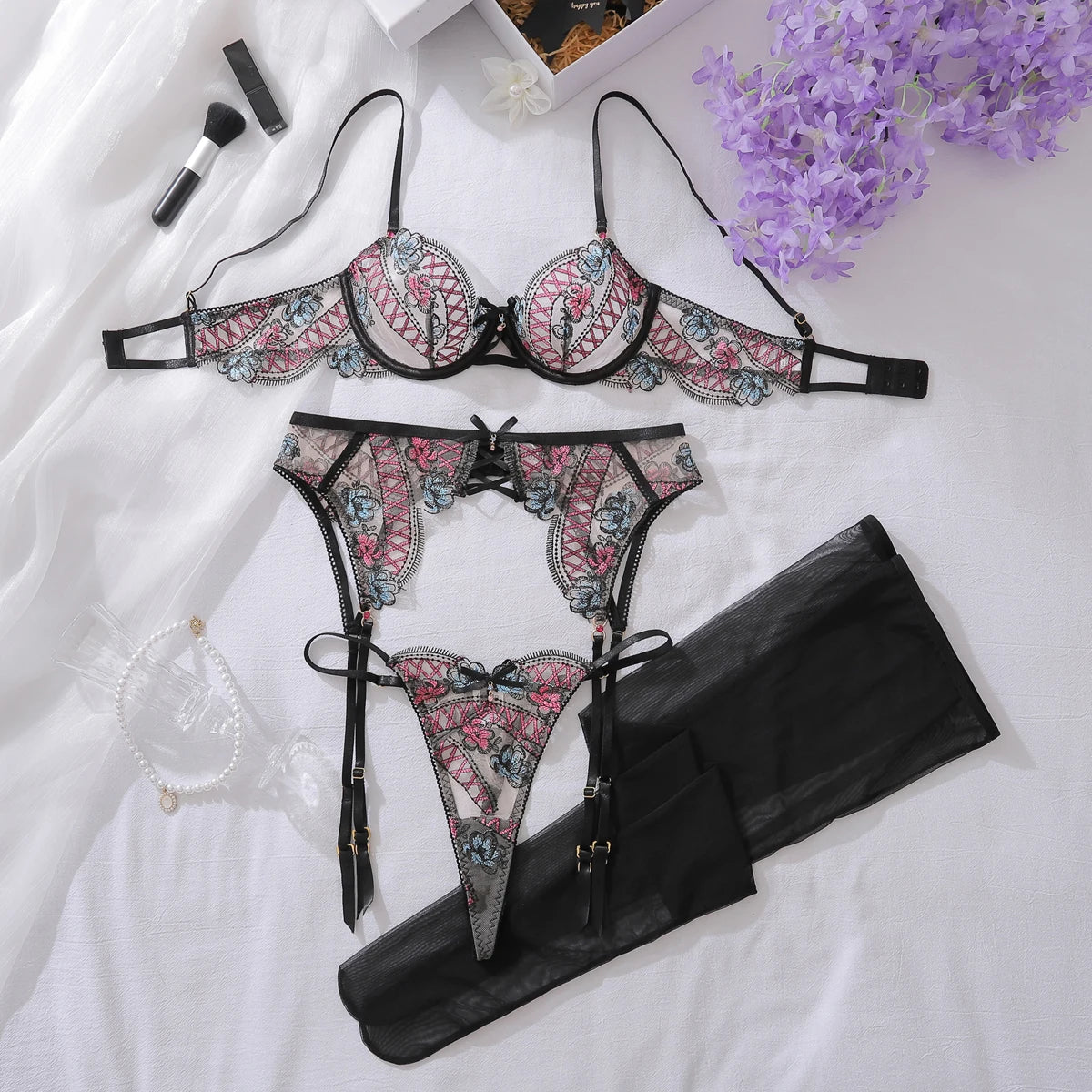MUZISKAT Tie Dye Embroidered Lingerie 2025 Women's Shapewear Lingerie Sexy Bra+thong Transparent Sexy Lingerie Set 4-piece set