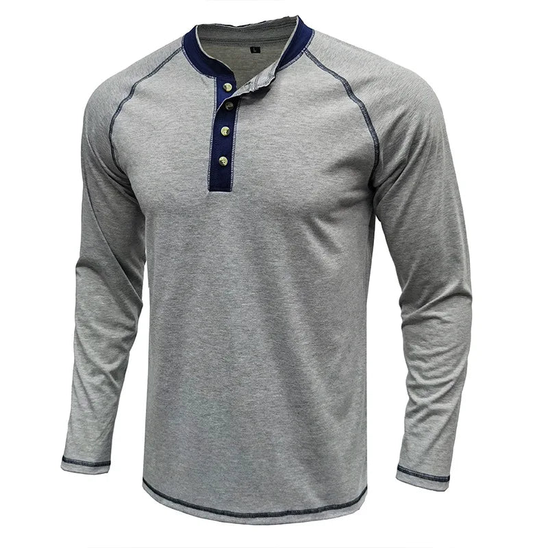 Summer  Autumn Men's American Heavy Cotton Henry Shirt  Long Sleeve Fitness Tough Guy T-Shirt Casual  T Shirt for Men Clothing
