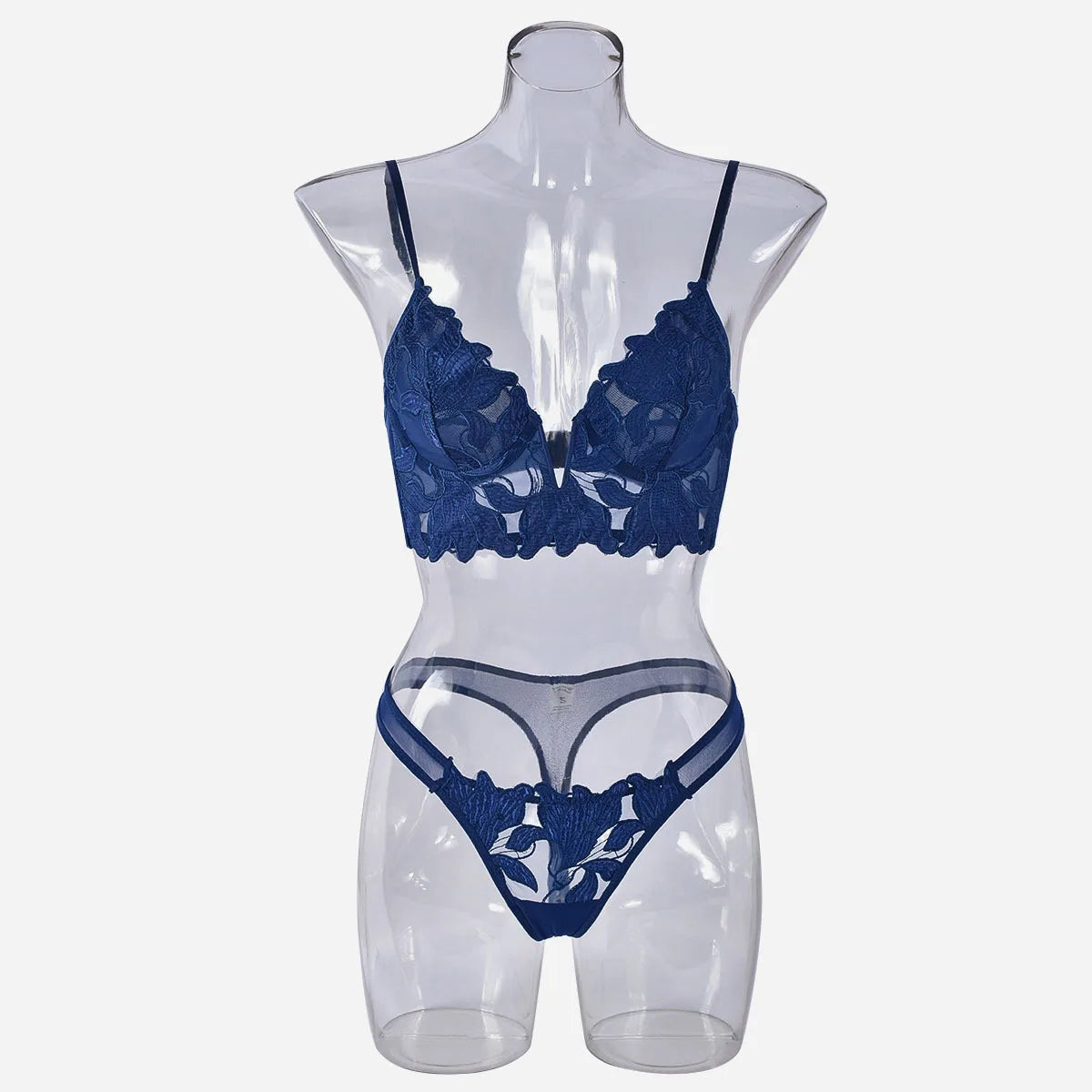Sexy French Deep V Embroidery Mesh Lingerie Set Autumn Women's Ultra-thin Lace Bra and Panty Set Female Solid See Though Bra