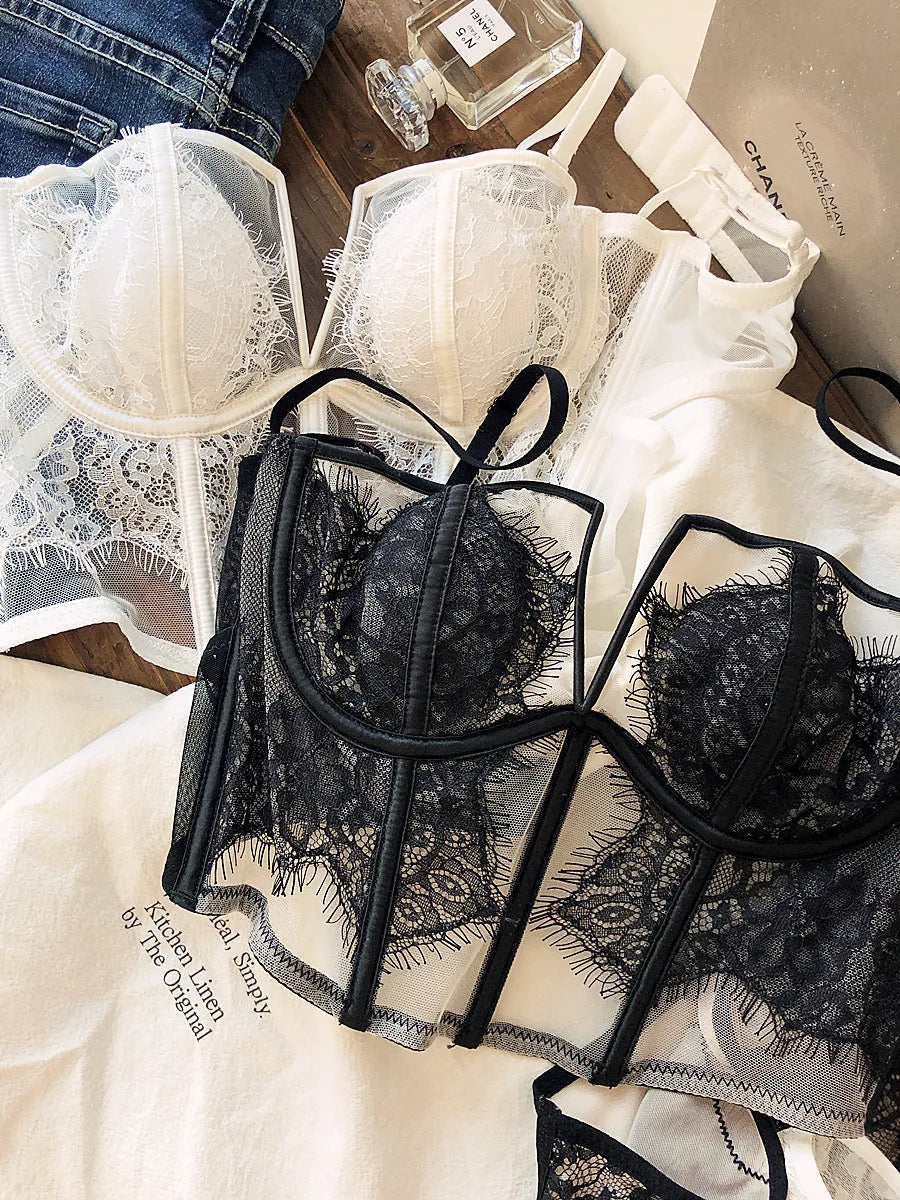 Sexy fishbone vest bra panty set eyelashes lace perspective soft steel ring anti-sagging underwear women bralette