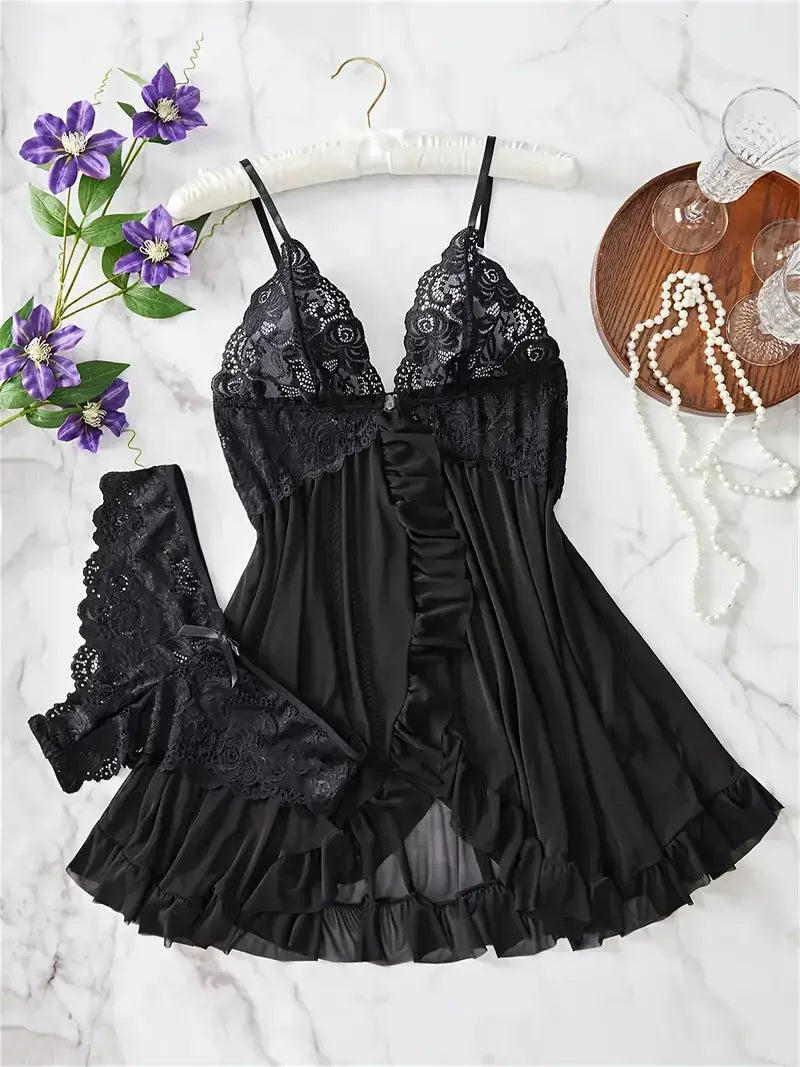 Red Sexy Lingerie Erotic Underwear Sets Transparent Porno Lace Bra And Panty Set Lingerie women Hot Sleepwear Babydoll Dress