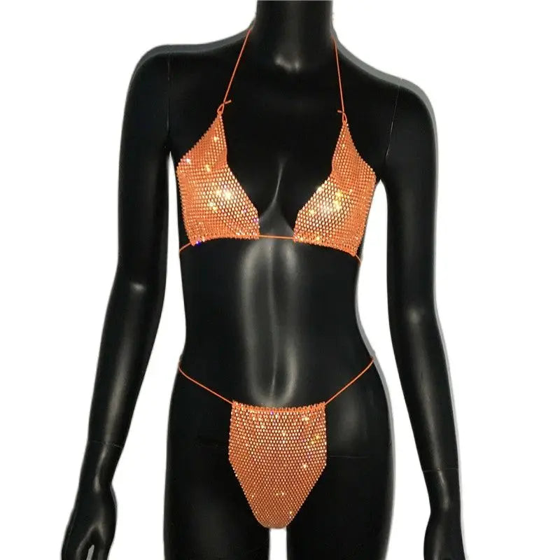 Bling Rhinestones Bra Panty Set Women Sexy Halter Bra Sexy Panty Two Piece Set Summer Beach Outfits Party Club Matching Sets