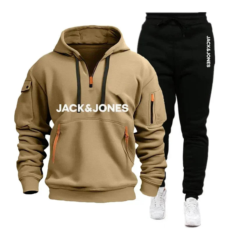 A two-piece outdoor fashion jogging and fitness set for men in autumn and winter, featuring a hooded sweatshirt and casual pants