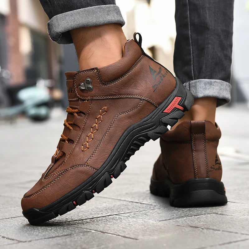 Men's High-Top Round-Toe Fashion Boots Lace-Up Outdoor Hiking Shoes Spring/Fall Thick-Sole Casual Oversized Men's Shoes