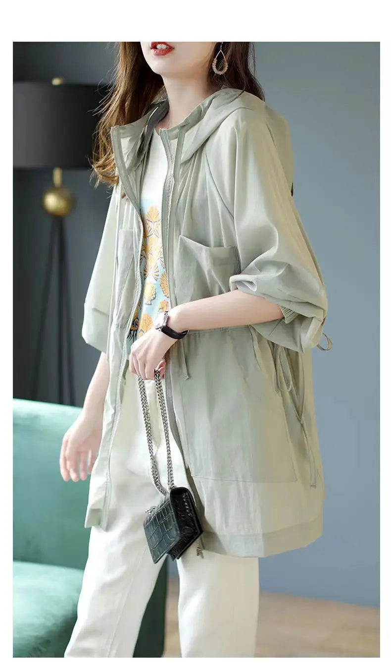 Summer Sunscreen For Women 2025 New Drawstring Waist Mid-length Thin Windbreaker UV Protection Cardigan Lightweight Trench Coat