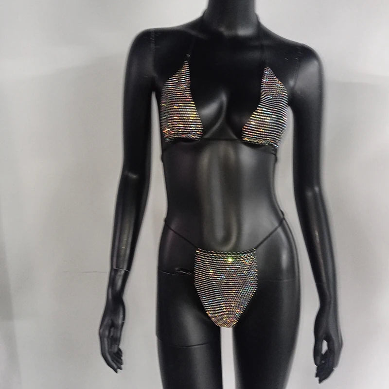 Bling Rhinestones Bra Panty Set Women Sexy Halter Bra Sexy Panty Two Piece Set Summer Beach Outfits Party Club Matching Sets
