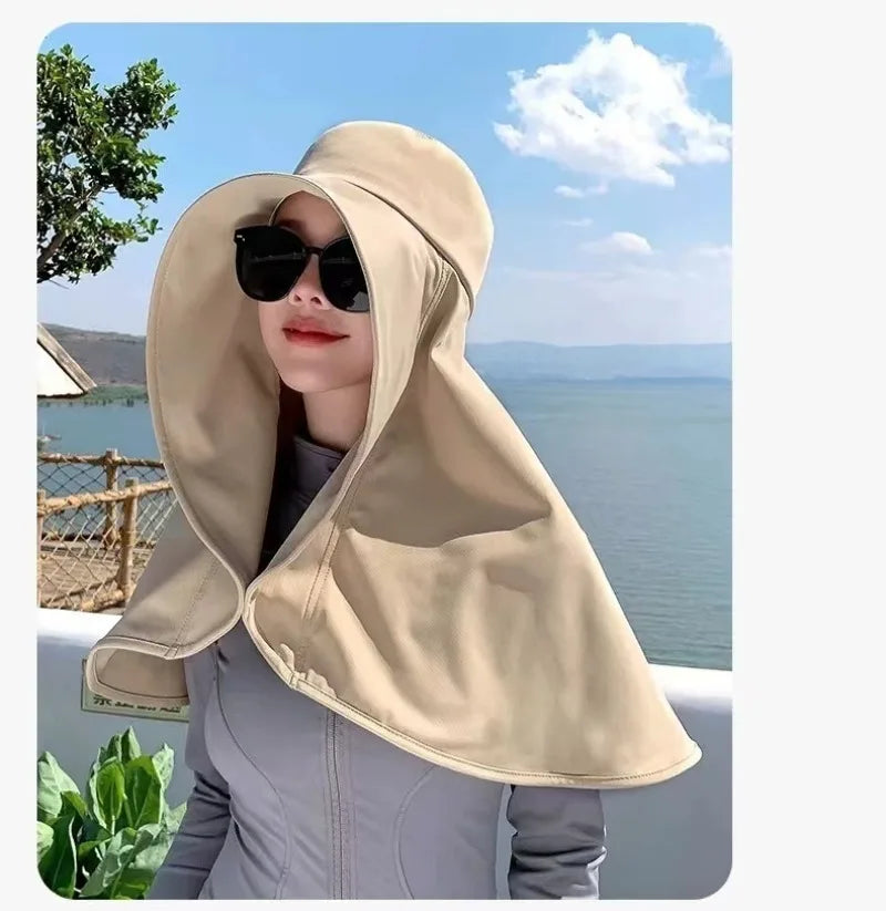Summer Hats for Women Outdoor UV Anti Neck Protection Sun Visors for Lady Fishing Hiking Wide Brim Shawl Sunscreen Ponytail Cap