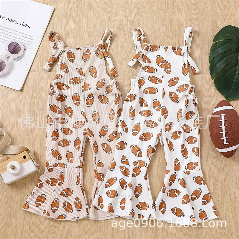 Summer Children Girls Rugby Printed Suspender Fashionable Flared Pants Kids Backless  Jumpsuit