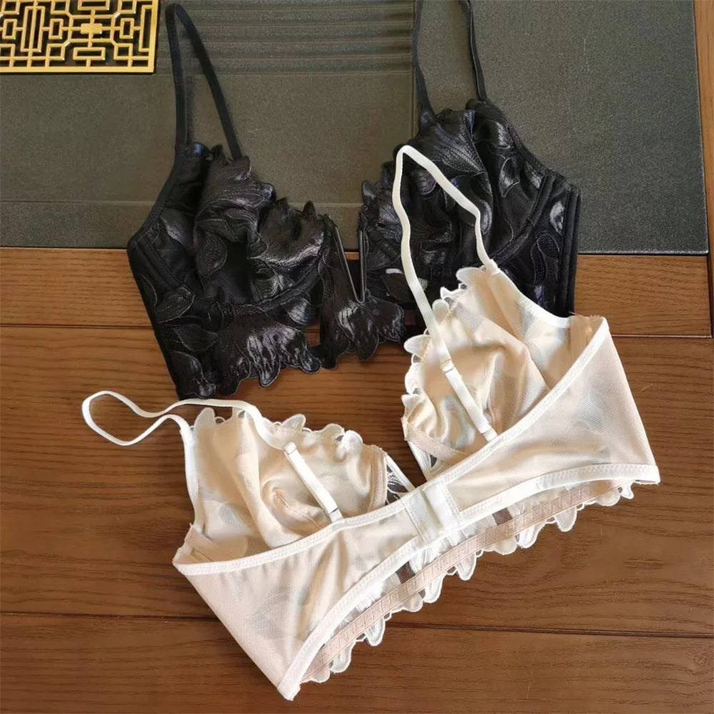 Sexy French Lace Floral Embroidery Brassiere Lingerie Set Women's Underwear Set Push Up thin Bralette Deep V Bra and Panty Set