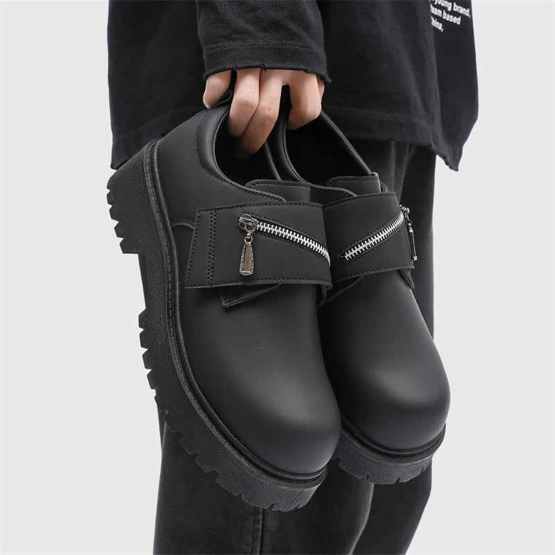 Men's Leather Shoes:Chunky-Soled Zipper Derby Shoes-Style Wide-Toe Casual Loafers#Business British Formal Luxury Black Driving46
