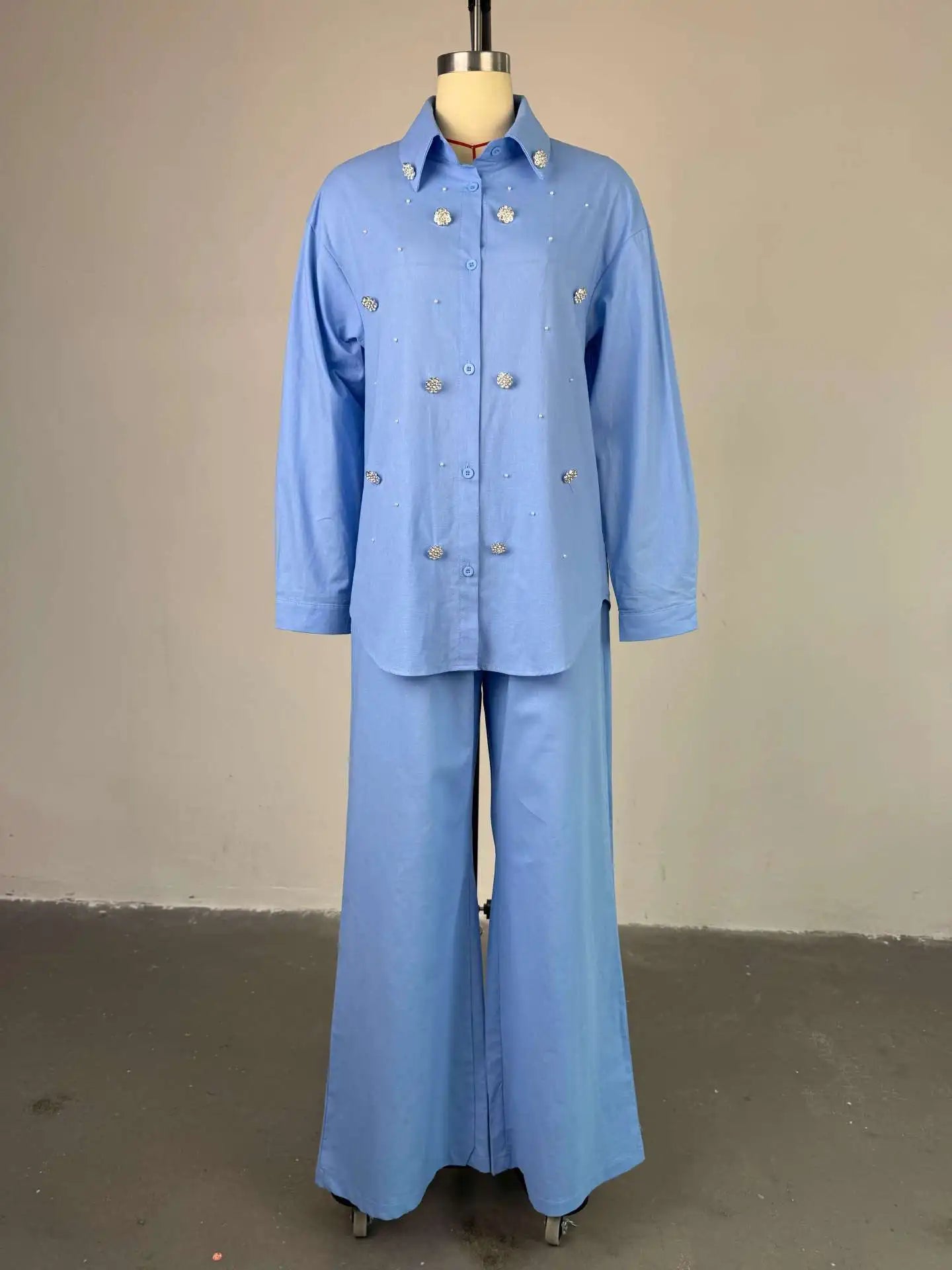 Pant Set Women Two Piece Sets Beaded Turn Down Collar Full Sleeve Shirt Single Breasted Wide Leg Long Pants Elastic Waist 2026