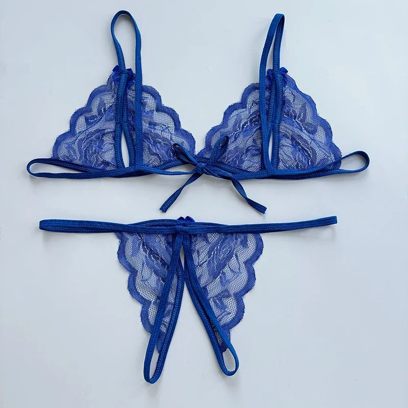 Sexy Lace-up Lingerie Set Women Hot Open Crotch Transparent Sexy Bra and Panty Sets Sex Temptation Erotic Couples Date Underwear