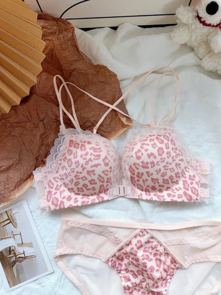 Hot Sale Front Closure Leopard Push Up Bra Set for Women, Backless Small Chest Lift Comfortable Underwear Set