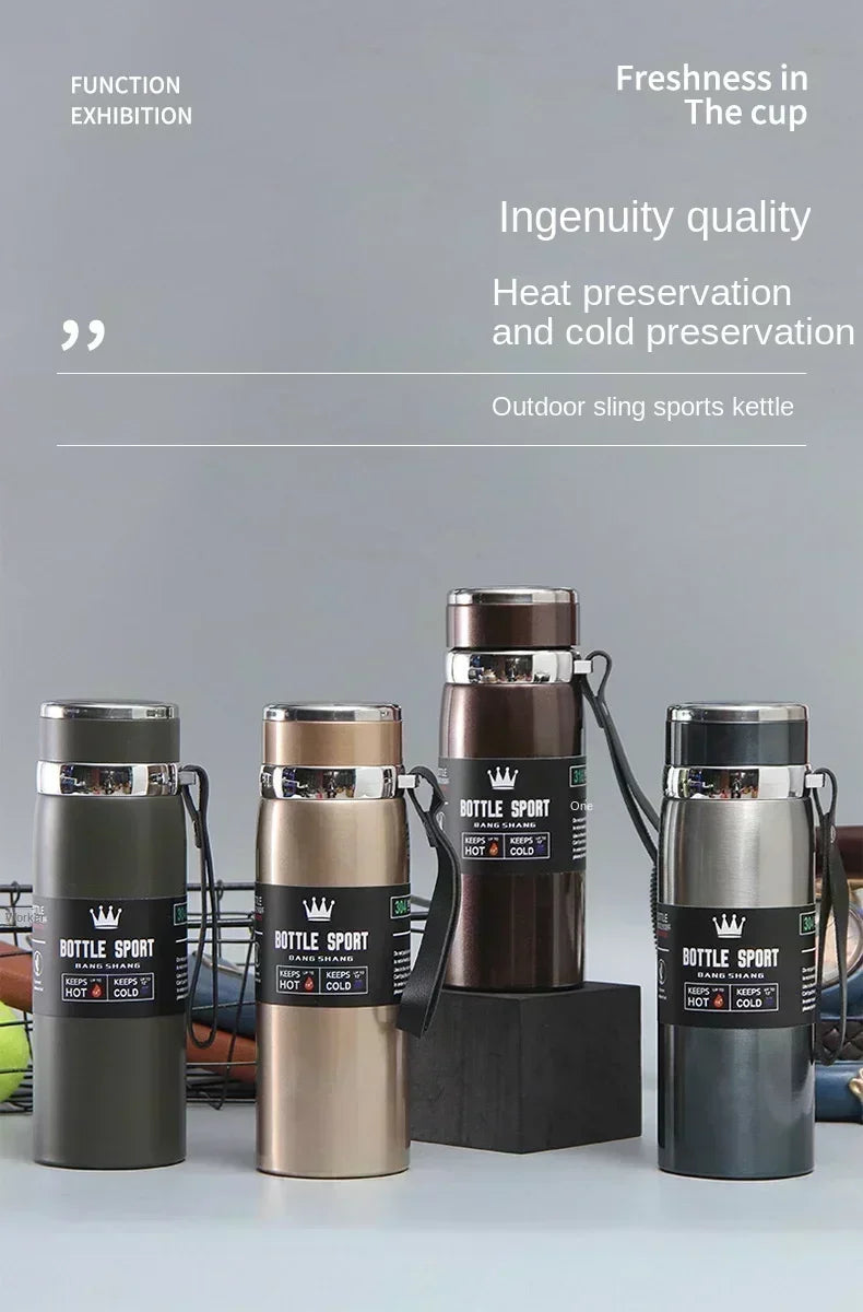 Thermos Bottle 1L Thermal Water Bottle Stainless Steel Insulated Cup Gradient Color Lid Strap Travel Outdoor Sports Wholesale