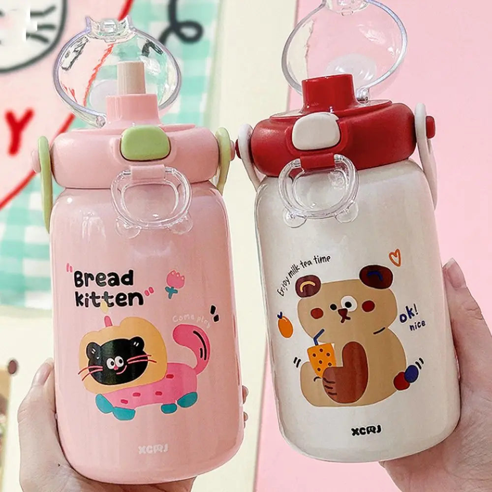 Cartoon Thermal Cup Large Capacity Double Drinking Straw Student Water Cup Stainless Steel Leakproof Insulated Cup for Children