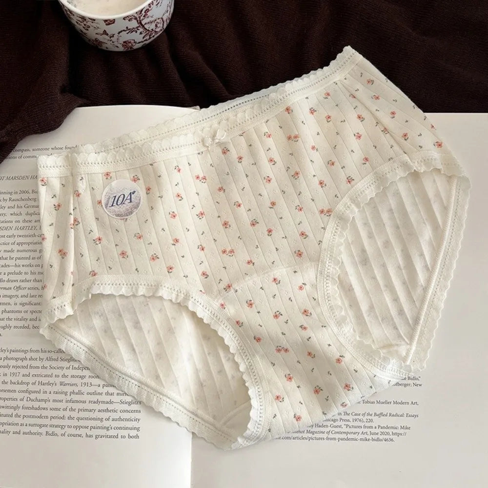 Lingerie Mid-waist Underwear for Women Bear Bow Sweet Floral Panties Underpants Grid Cotton Briefs Summer