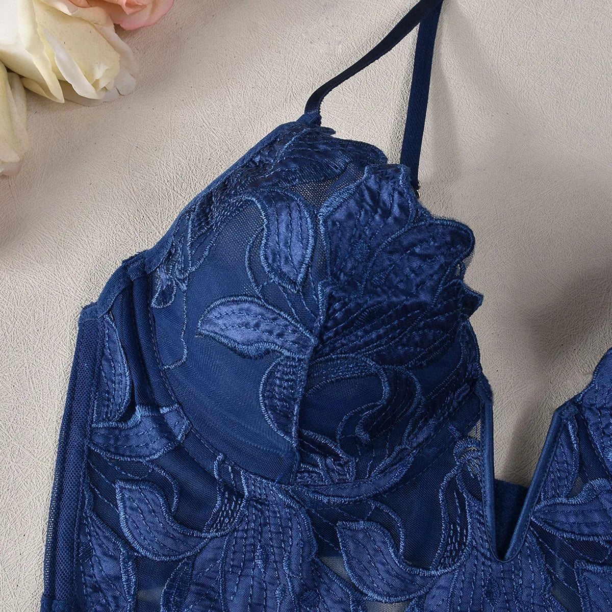 Sexy French Deep V Embroidery Mesh Lingerie Set Autumn Women's Ultra-thin Lace Bra and Panty Set Female Solid See Though Bra