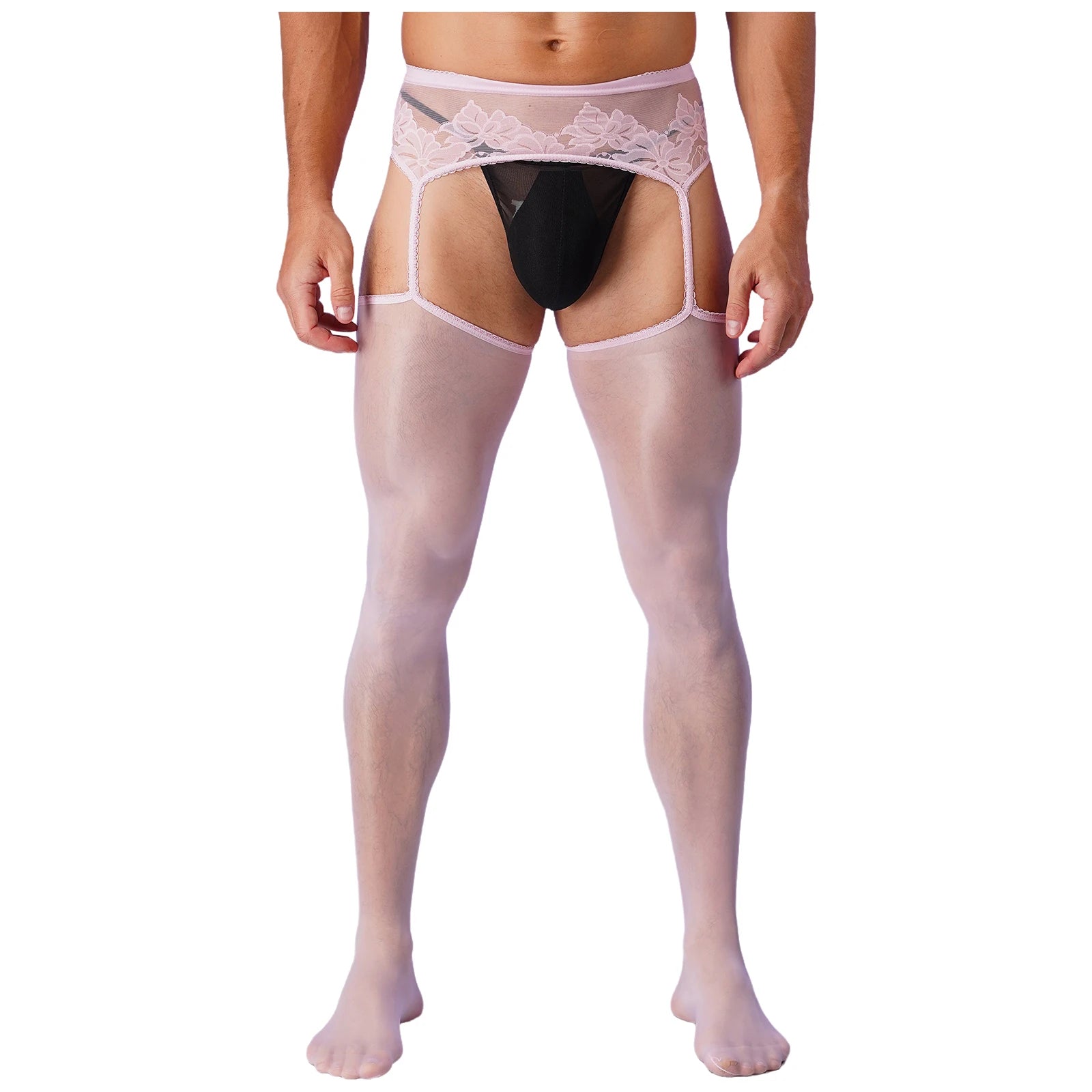 Lingerie Mens Ultra Thin Mesh Leggings Gays Pantyhose Floral Lace See Through Underpants Garter Stockings for Night Dating Wear