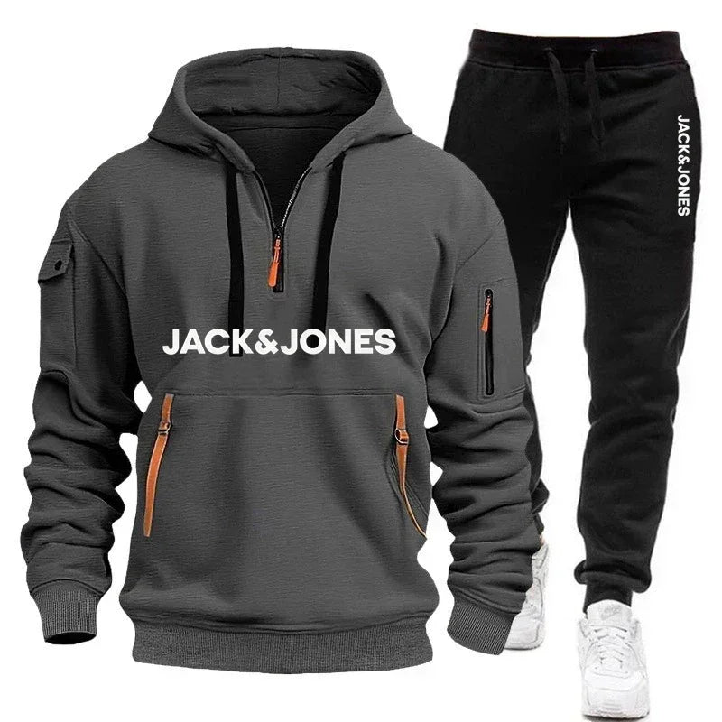 A two-piece outdoor fashion jogging and fitness set for men in autumn and winter, featuring a hooded sweatshirt and casual pants