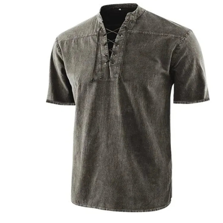 Summer T Shirt Men Stand Collar Front Lace Up Short Sleeve V Neck Slim T Shirt Streetwear for Daily Wear Casual Tops Tees S-5XL