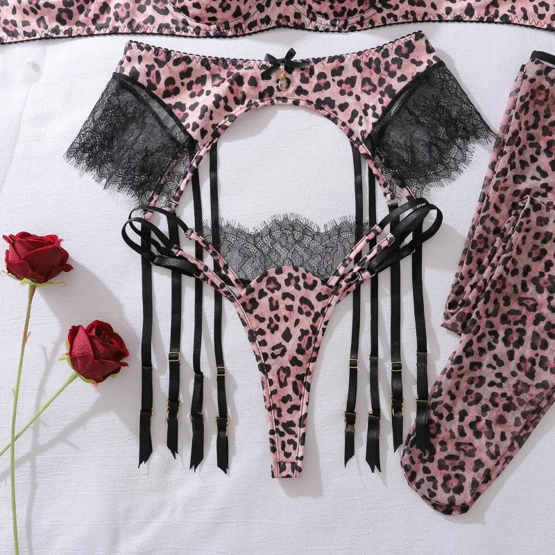Lingerie Sexy Hot Wild Leopard Bra 5PC Set with Stockings Seductive Riding Suit Unleash Desire Party Kit Erotic Sexy Underwear