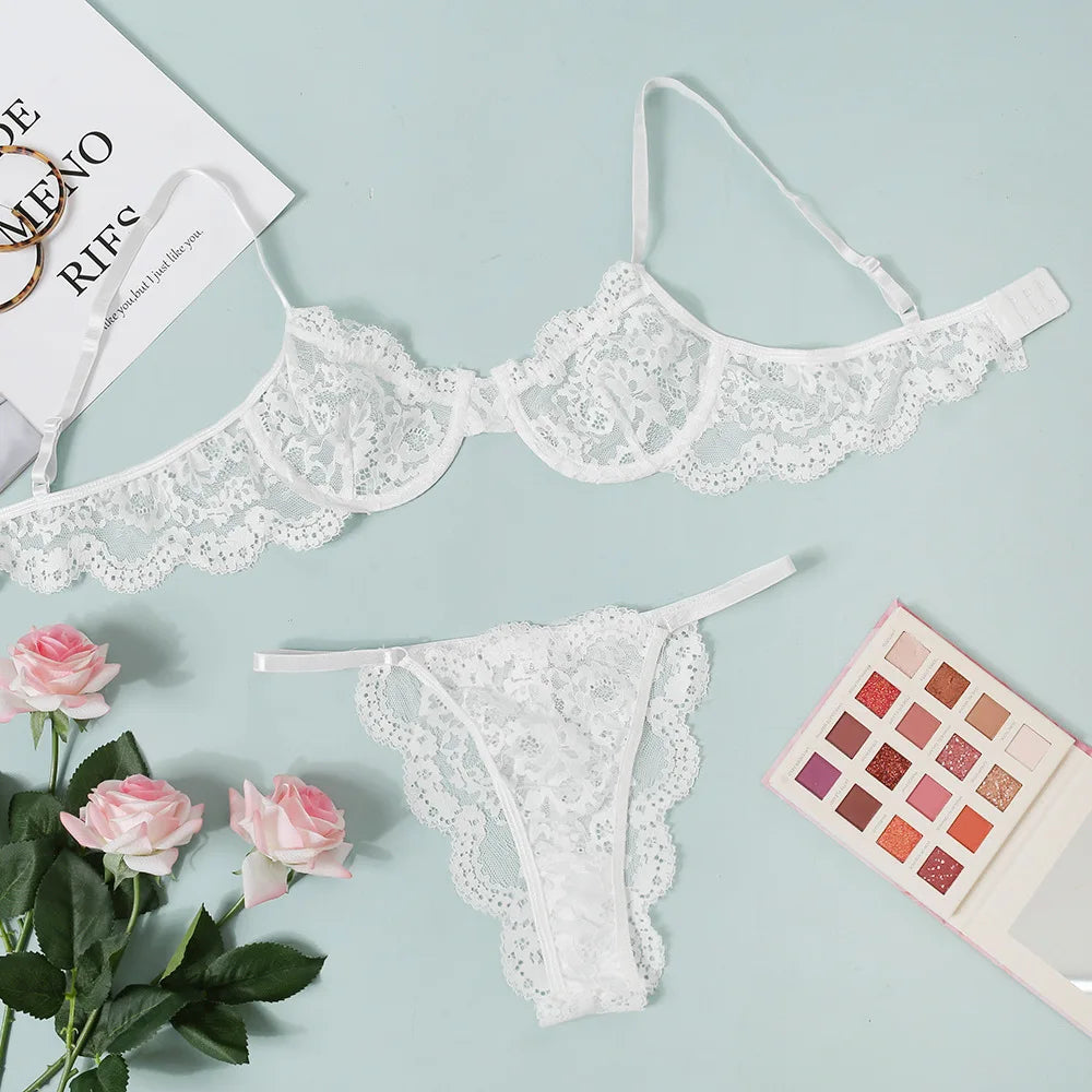 Bra for Women Bra and Panty Set Thongs Push-up Sexy Lingeire Eroitc Underwear Transparent Lace Belt Steel Ring Three-point Set