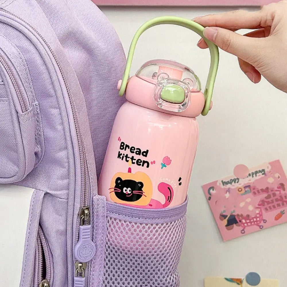 Cartoon Thermal Cup Large Capacity Double Drinking Straw Student Water Cup Stainless Steel Leakproof Insulated Cup for Children