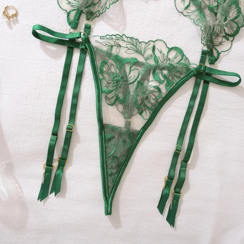 Lingeries Sexy Hot Elegant Ethical Underwear Floral Embroidery See Through 4-piece Push Up Lace Bra Thong Garter Lingerie Sets