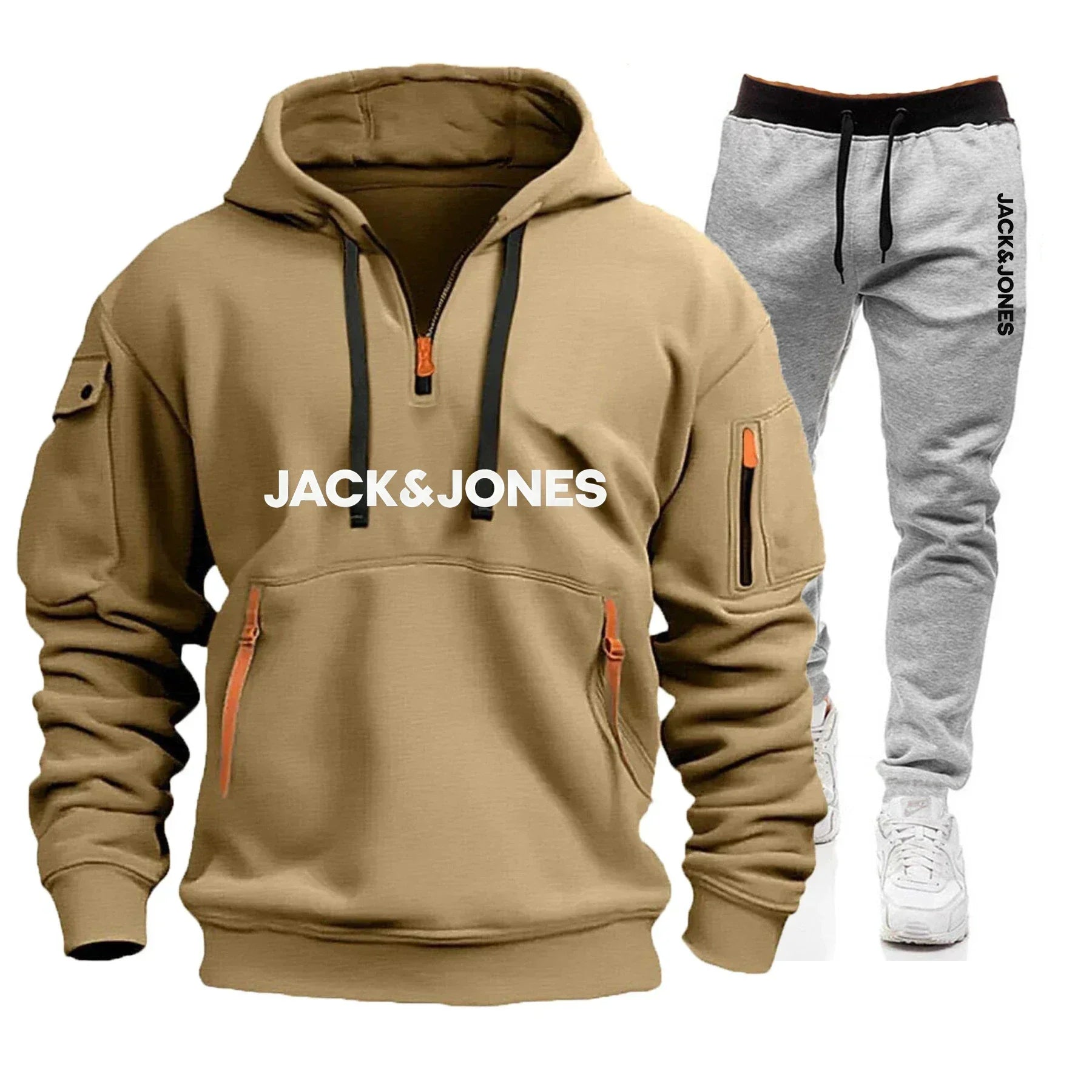 A two-piece outdoor fashion jogging and fitness set for men in autumn and winter, featuring a hooded sweatshirt and casual pants