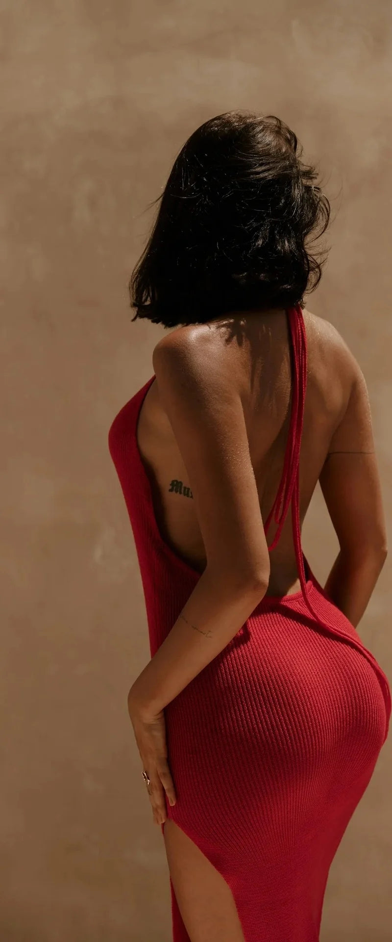 Summer Beach Dress High Split Solid Color Vacation Dress Sexy Knit Backless Halter Dress Elegant Sleeveless Bodycon Tie-up Dress