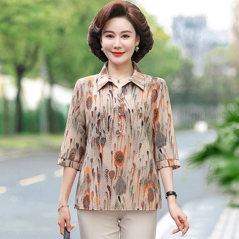 Summer Plus Size Shirt For Women's 2025 Printed Loose Top Mulberry Silk Blended Vacation Work Women's Clothing