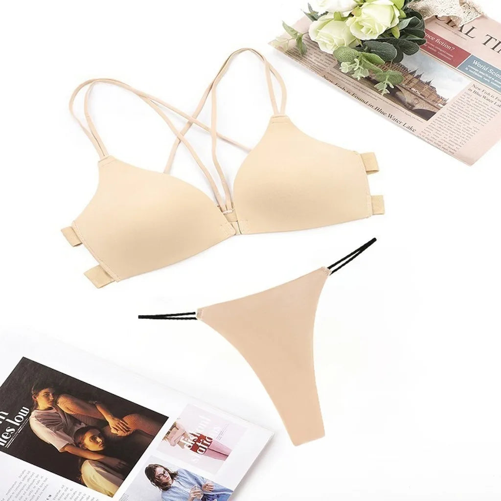 ZXYOUPING Women Bra and Panty Set, Front Button Push-up Bra, Sexy Thong Underwear Set, Seamless Bra and Panty Set Without Wires