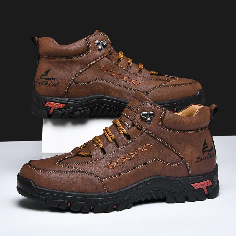 Men's High-Top Round-Toe Fashion Boots Lace-Up Outdoor Hiking Shoes Spring/Fall Thick-Sole Casual Oversized Men's Shoes
