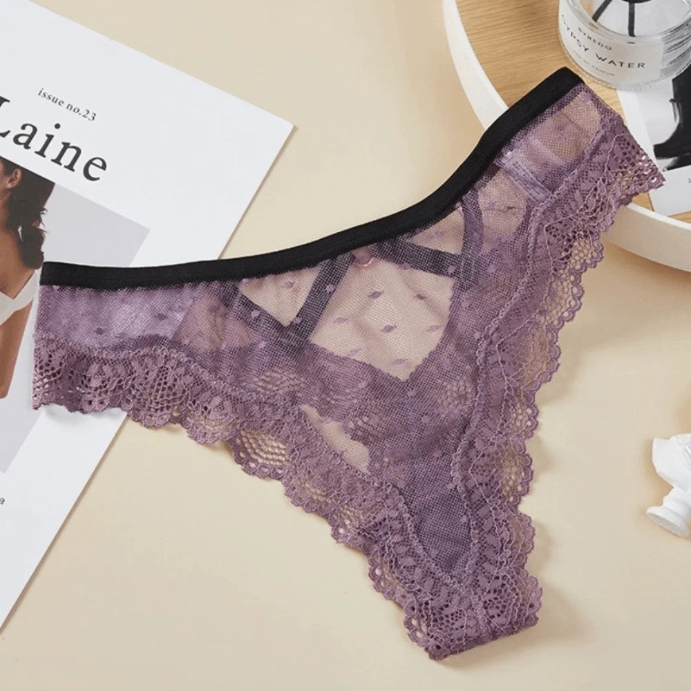 Lingerie Low Waist Lace Panties Thong Hollow Out Underwear for Women Transparent Dots Mesh Lace Briefs Girl