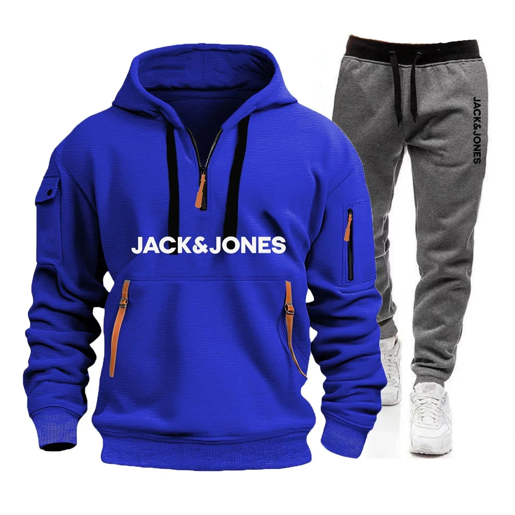 A two-piece outdoor fashion jogging and fitness set for men in autumn and winter, featuring a hooded sweatshirt and casual pants