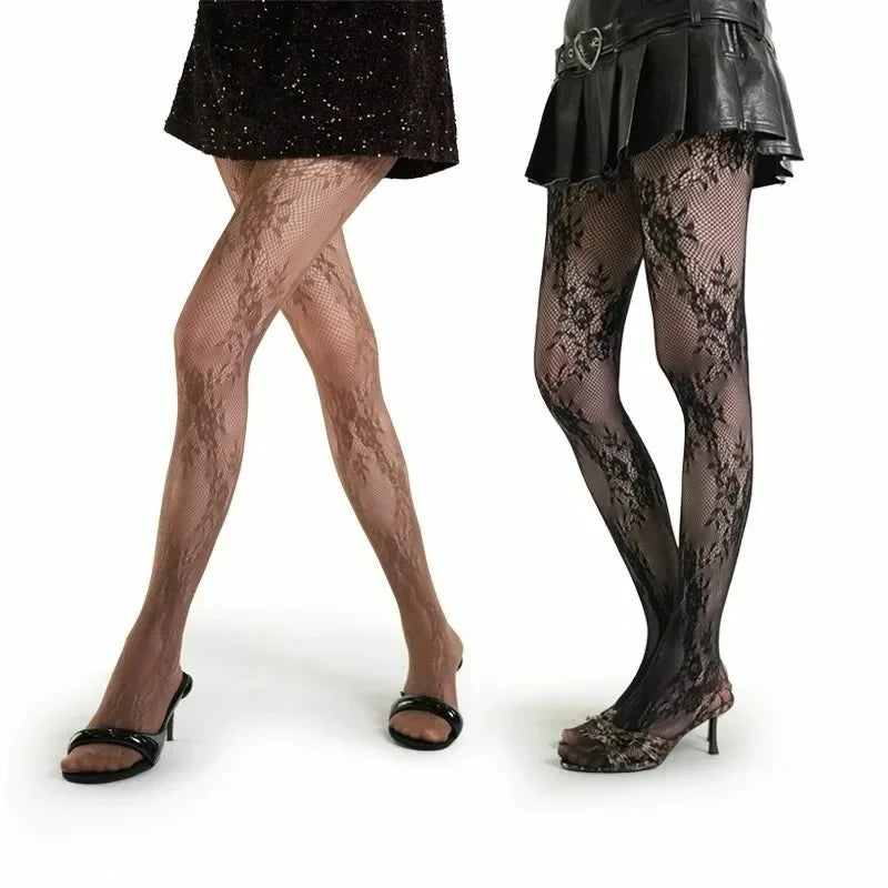 Lingerie Women Sexy Hollow Out Mesh Fishnet Pantyhose Lolita Sweet Girls Punk Style Floral Tights Colorful Thigh High Stockings